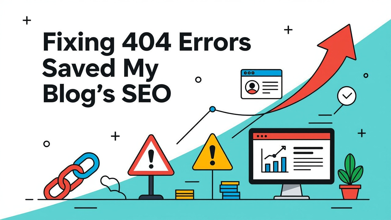 A professional thumbnail with the text "Fixing 404 Errors Saved My Blog's SEO." It shows a warning sign and a 404 error on one side, transitioning to an upward arrow and traffic graph on the other, symbolizing improvement. The design uses bold, modern fonts, a light background with contrasting text, and a color scheme of red/orange for errors and blue/green for recovery.