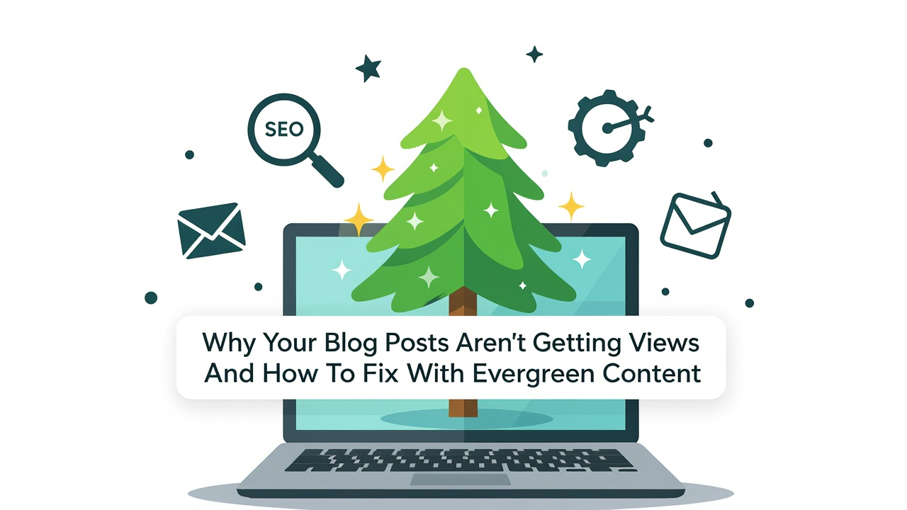 a modern flat-style illustration of a glowing evergreen tree growing out of a laptop screen, surrounded by icons representing SEO, blogging, and content updates, using a vibrant yet minimal color palette (green, blue, and white); add a bold text overlay that says: “Why Your Blog Posts Aren’t Getting Views (And How to Fix It With Evergreen Content)” with clean, eye-catching typography placed at the center or top-left of the image.